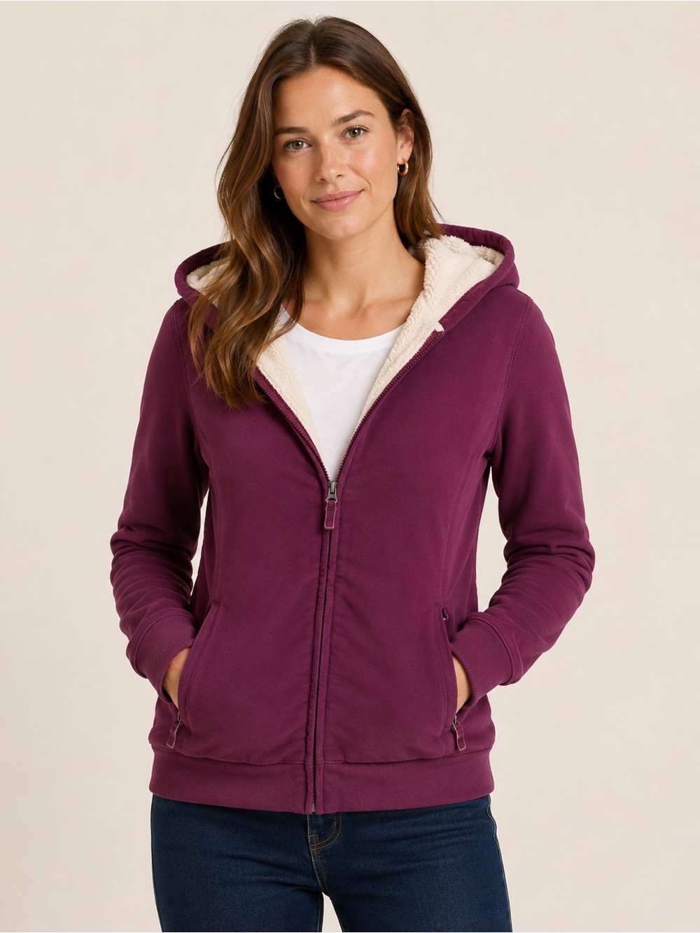 LL Bean Sherpa Lined Full Zip Hoodie Plum Purple Size Medium